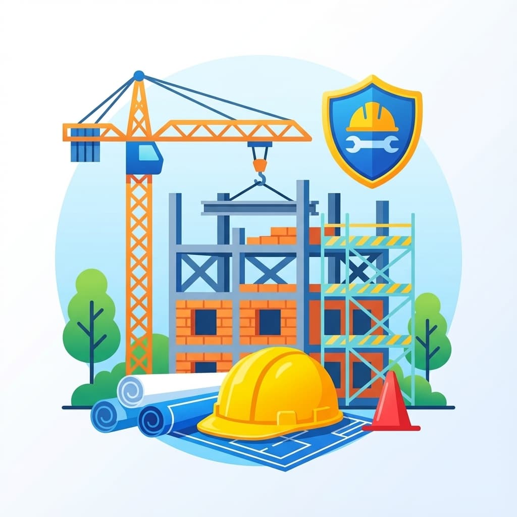 建設現場を俯瞰しながら保険プランを整理するイラスト