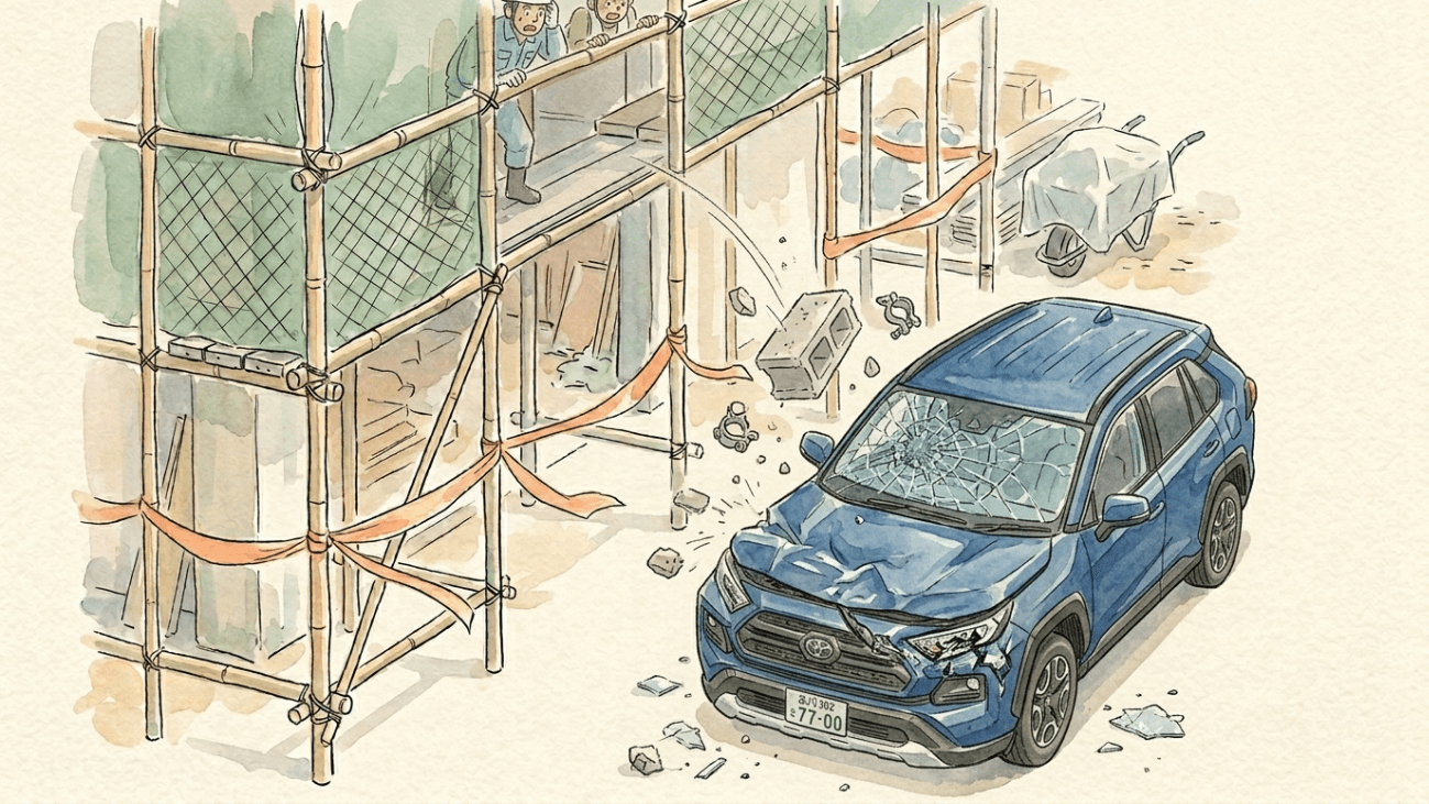 工事現場から資材が落下し車を破損する水彩イラスト