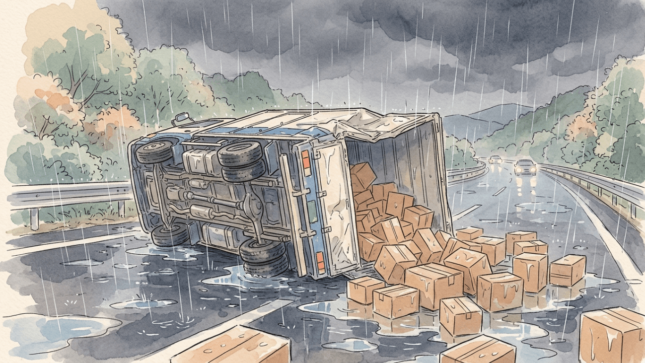 大雨の中で横転したトラックと散乱する荷物の水彩イラスト