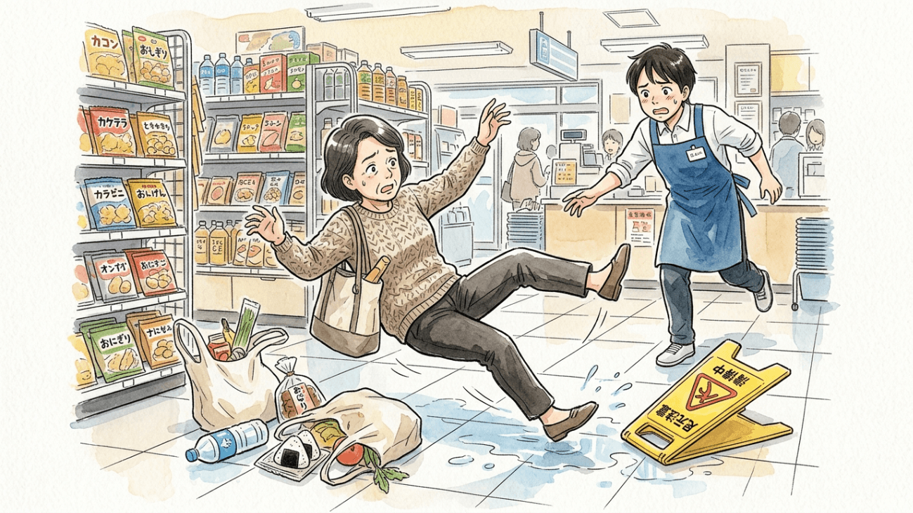 店内で転倒したお客さんに駆け寄る従業員の水彩イラスト